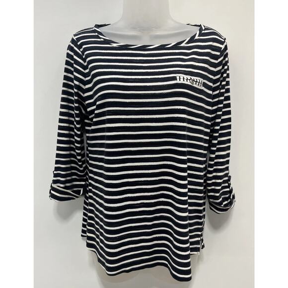 Croft & Barrow Black/White Striped Roll Tab Sleeve Pullover Top Blouse Size M - Picture 1 of 7